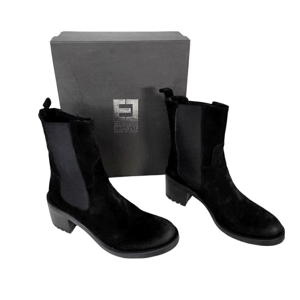 Made In Italy Suede Leather Chunky Heel Chelsea Booties Ankle Boots Black Sz 10